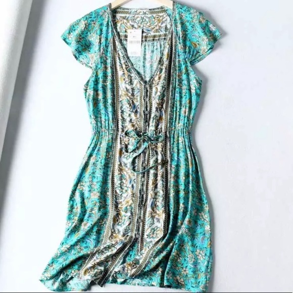 Turquoise Boho Floral Button Front Casual Dress - Picture 6 of 6